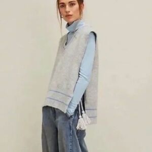 FREE PEOPLE STRIPED SWEATER PONCHO VEST TASSELS GRAY BLUE